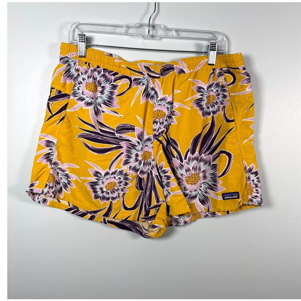 Patagonia Baggies Shorts Womens Large Yellow Floral 4 Inch Inseam Nylon Outdoor